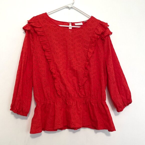 NEW YORK COMPANY NY&CO Red Floral Eyelet Ruffle 3/4 Sleeve Cotton Peplum Blouse - Picture 2 of 14